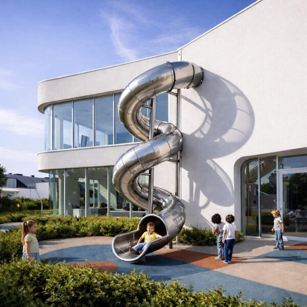 Custom stainless steel spiral tunnel slide running down an exterior wall from the second floor to a ground-level play area