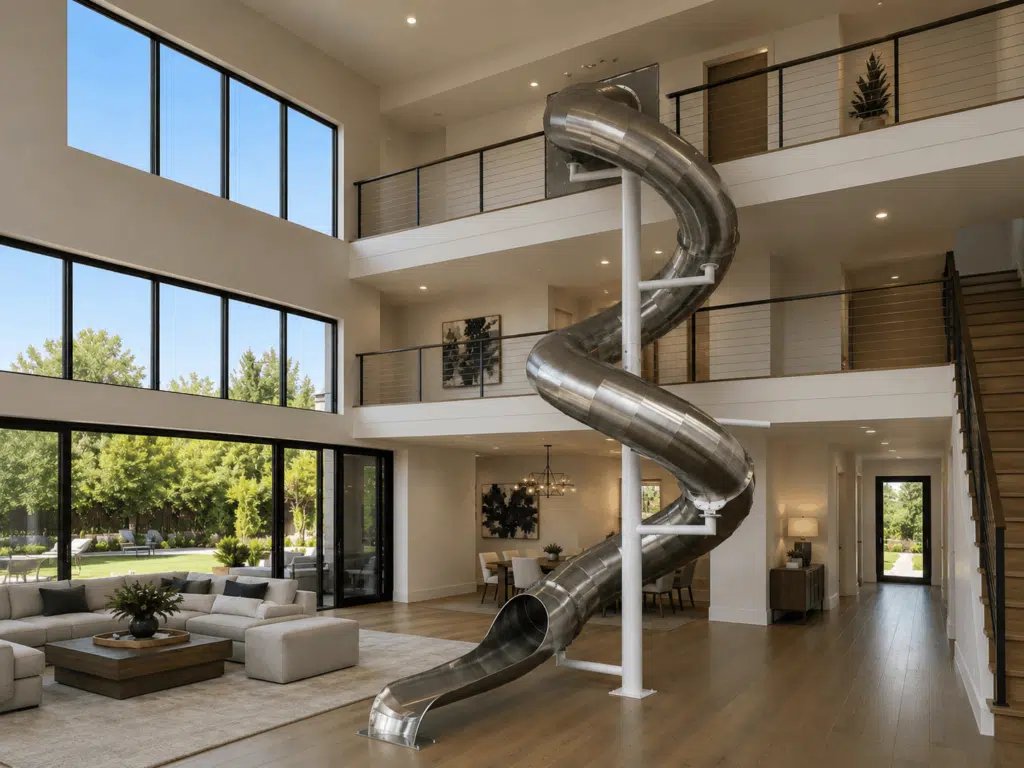 Interior stainless steel spiral tunnel slide wrapping a column from an upper landing down to the ground floor of a double-height living space