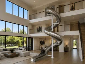 Custom indoor stainless steel slide in luxury living room