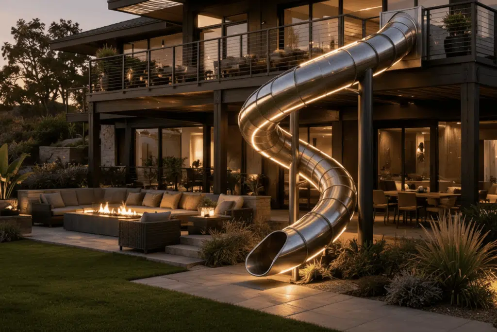 Custom residential slide in polished stainless steel spiraling from a second-floor deck down to the lawn at dusk