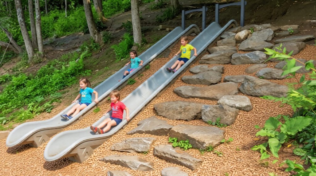Commercial plastic open embankment slides on a hillside by Landrec