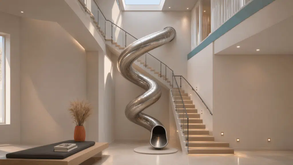 Custom stainless steel spiral tunnel slide beside a floating staircase in a double-height home entry