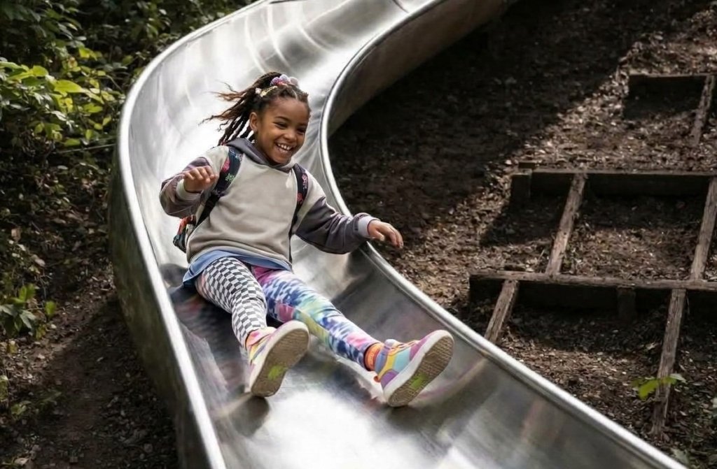 Child on a curved open stainless steel slide by Landrec